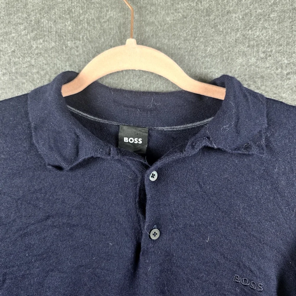 Hugo Boss Knit Polo Sweater Men L Virgin Wool Navy Blue 100%‎ Wool 50298478